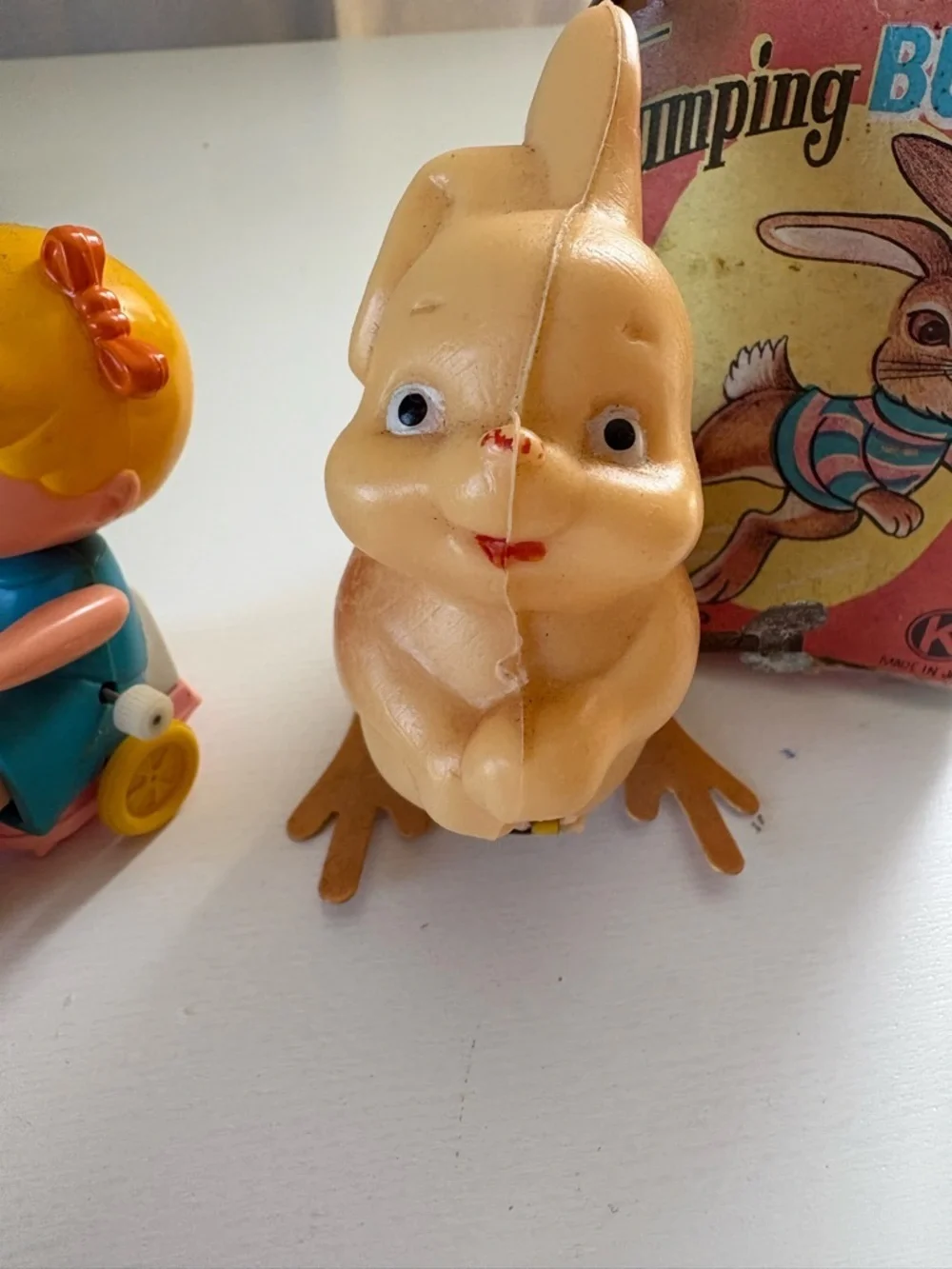 Vintage Wind Up Toy Lot Japan Taiwan Bunny Jumping Bunny + Girl Tricycle Toy